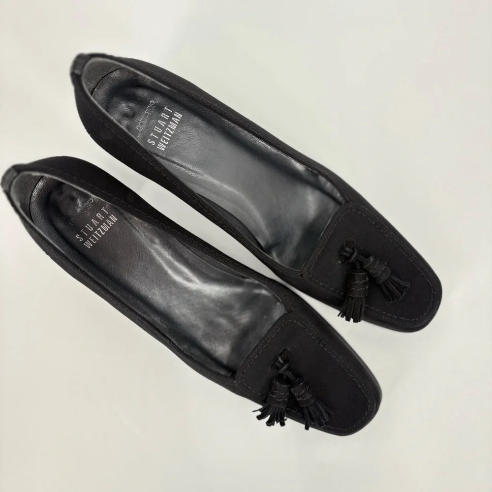 Stuart Weitzman Sude Leather Square‎ Toe Tassel Pumps Black 8N